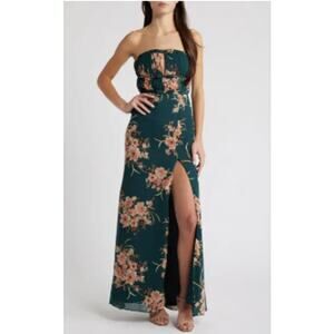 LULUS Green & Pink Floral Cutout Bow Strapless Maxi Dress Side Slit Size XS